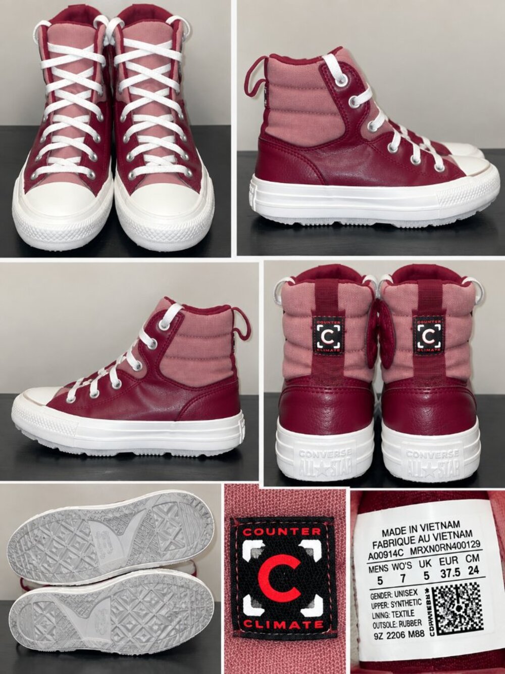 Converse Counter Climate High Top Sneakers Burgundy Pink Unisex Men 5 Women 7